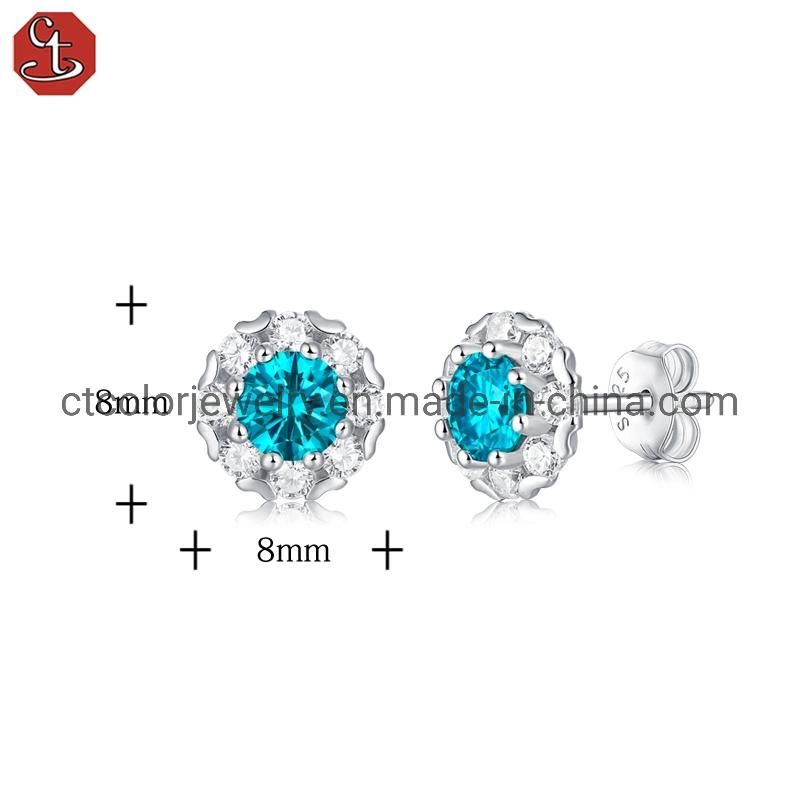 Hot Sale Blue Moissanite Ear Stud Fashion Accessories Silver Earrings for Women