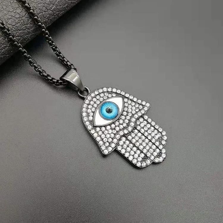 Titanium Steel Gilted Blue Eye Fatima Hand Pendant Necklace