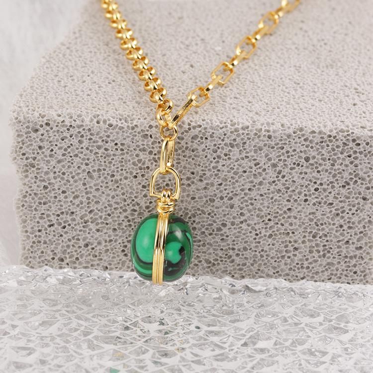 Fashion Accessories 925 Silver Big Green Malachite 18K Gold Plated Fashion Jewelry Factory Wholesale Jewellery Women Luxury Necklace