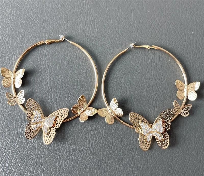 Trendy European Best Selling Gold Plated Exaggerated Butterfly Hoop Earrings with 5 PCS Butterfly Girls Trendy