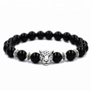 8mm Bead Handmade Silver Charm Nature Stone Tiger Eye Metal Spacer Black Agate Charm Bracelet Leopard Bead Bracelet