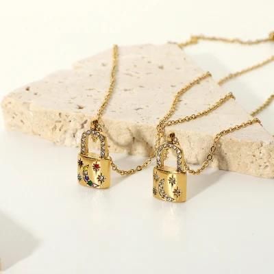 Stainless Steel Lock Necklace Inlaid CZ for Women Pendant Necklaces Fashion Jewelry