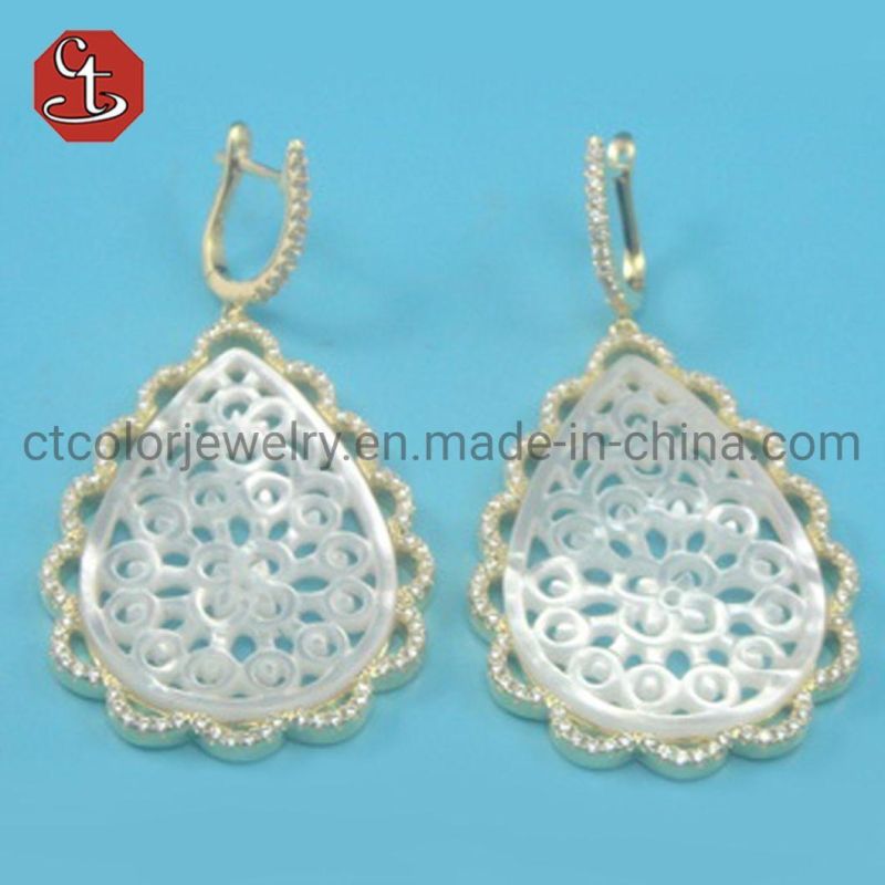 Trendy Elegant Oval Shape Drop Earring Mother of Pearl Pave 3A CZ&Golden Yellow Gem Stone Earrings Jewelry