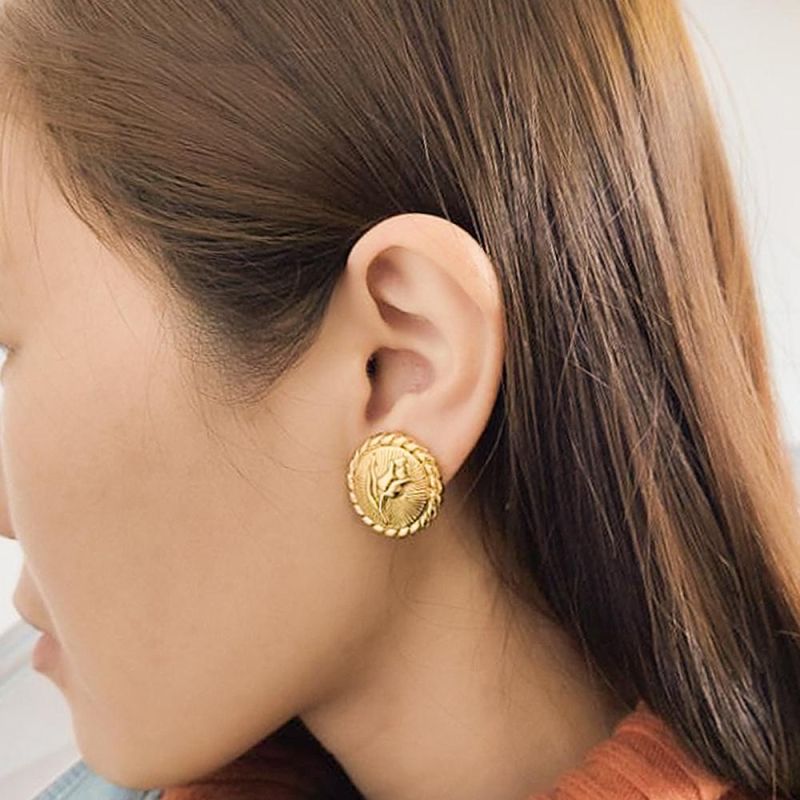 Brass Earrings Rose Design with Ear of Wheat