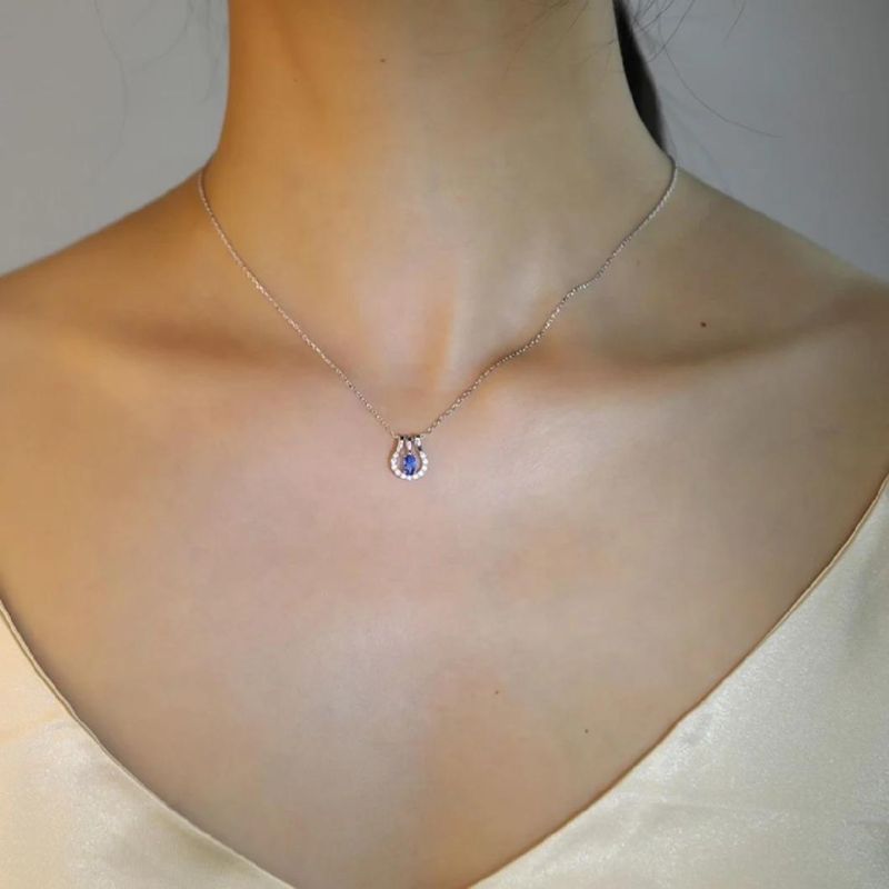 925 Sterling Silver Simple Blue Zircon Pendant Necklace Women Light Luxury Vintage Palace Style Jewelry