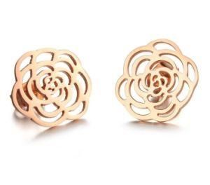 Fashion Bijoux Women Camellias Stud Earrings Romantic Rose Gold Color Stainless Steel Hollow out Earring Friendly Bijoux