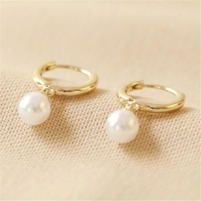 Organic Shape Glass Pearl Huggie Hoop Earrings in Gold for Women Girls Fashion Jewelry