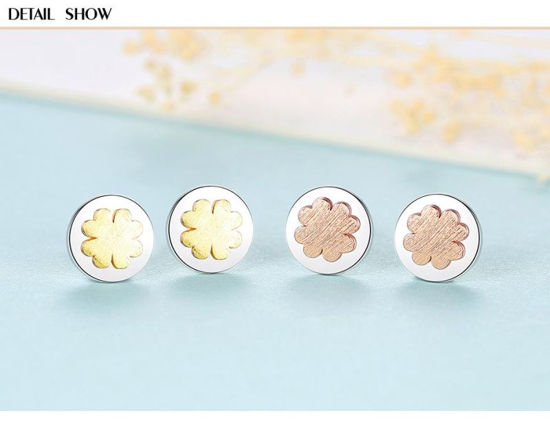 Cute Little Round Earrings Stud Mosaic Four-Leaf Clover Shell