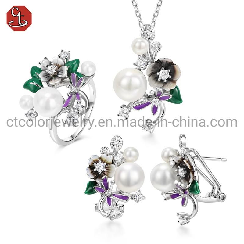 High Quality Fashion Jewelry 925 Sterling Silver Enamel Flower Pearl Mop Earring