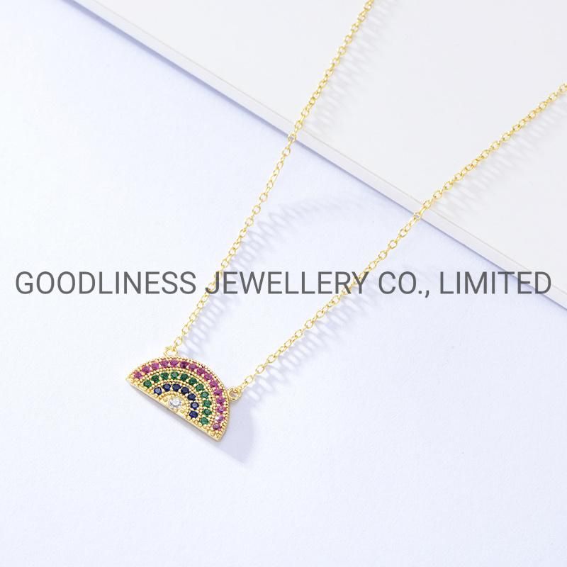 Fashion Gemstone Bitthstone Women Gold CZ Rainbow Pendant Rhinestone Necklace