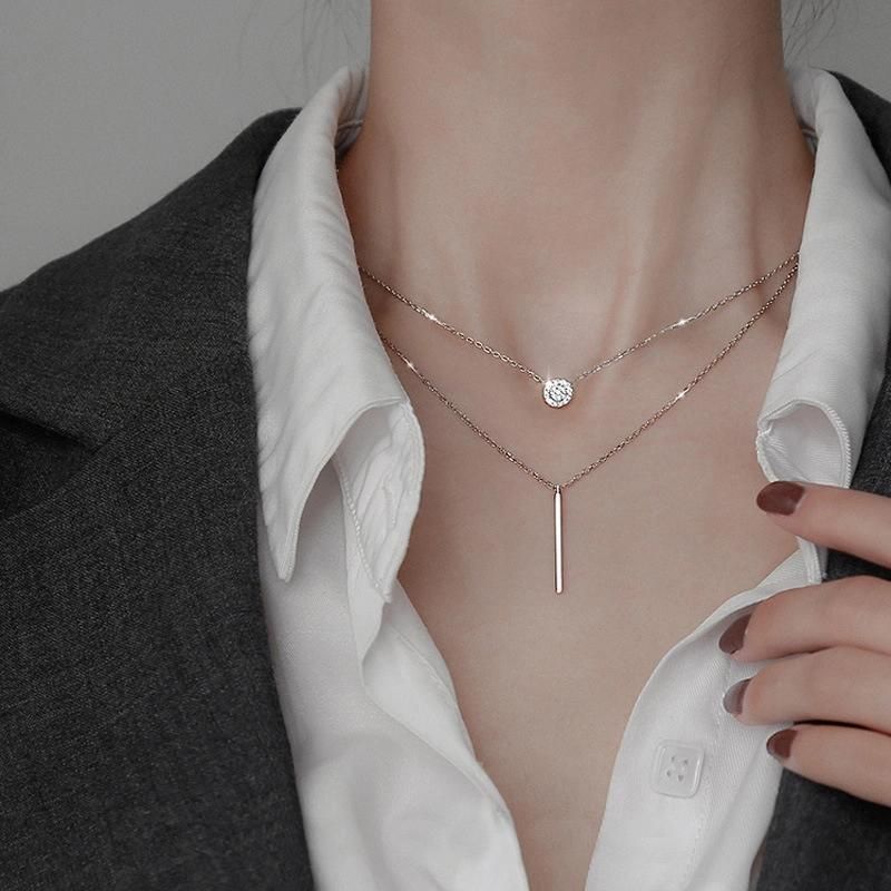 Silver Long Strip Flashing Diamond Round Double Necklace Ladies Clavicle Chain Jewelry