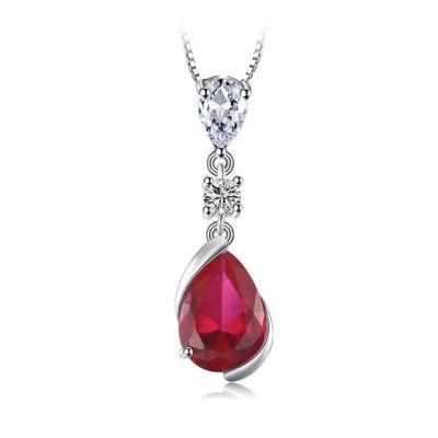 925 Sterling Silver Jewelry Pear Red Created Ruby Drop Pendant for Women Wholesale