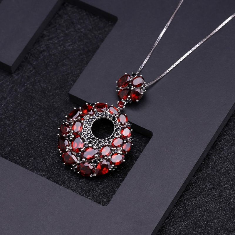 Natural Red Garnet Gemstone Vintage 925 Sterling Sliver Pendant Necklace for Women Gift Party Jewelry