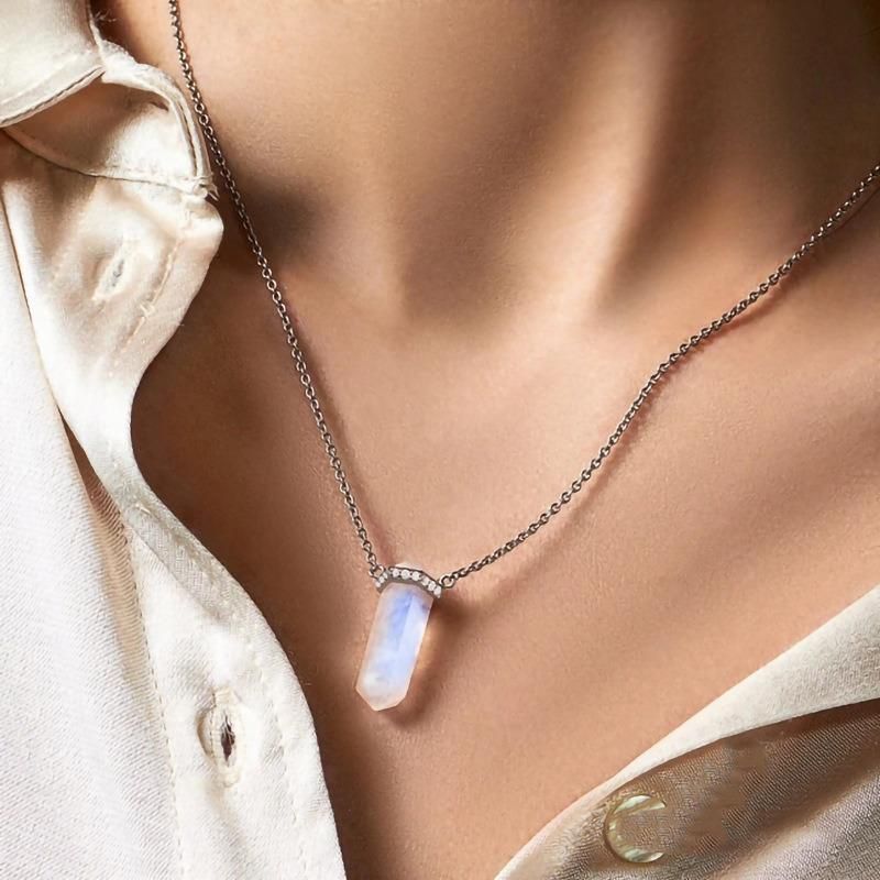 S925 Sterling Silver Hexagon Pillar Crystal Moonstone Charm Necklace