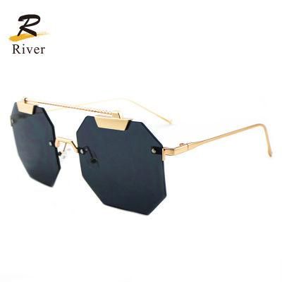 Top Flat Octagona Metal L Rimless Frame Women Ready Sunglasses