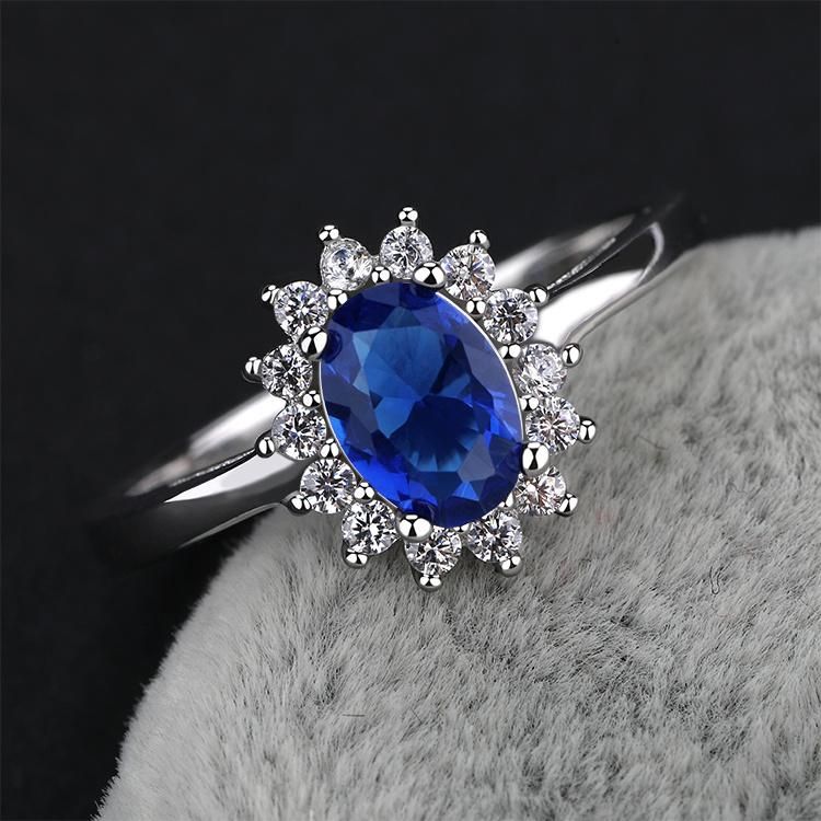 Wholesale Custom Luxury Women′s Engagement Anniversary Blue Sapphire 925 Sterling Silver Ring Jewelry