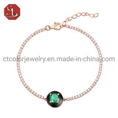 Fashion Charm Jewelry Bracelet Bangle Black Enamel Green Emerald Stone Chain Bracelet for Women