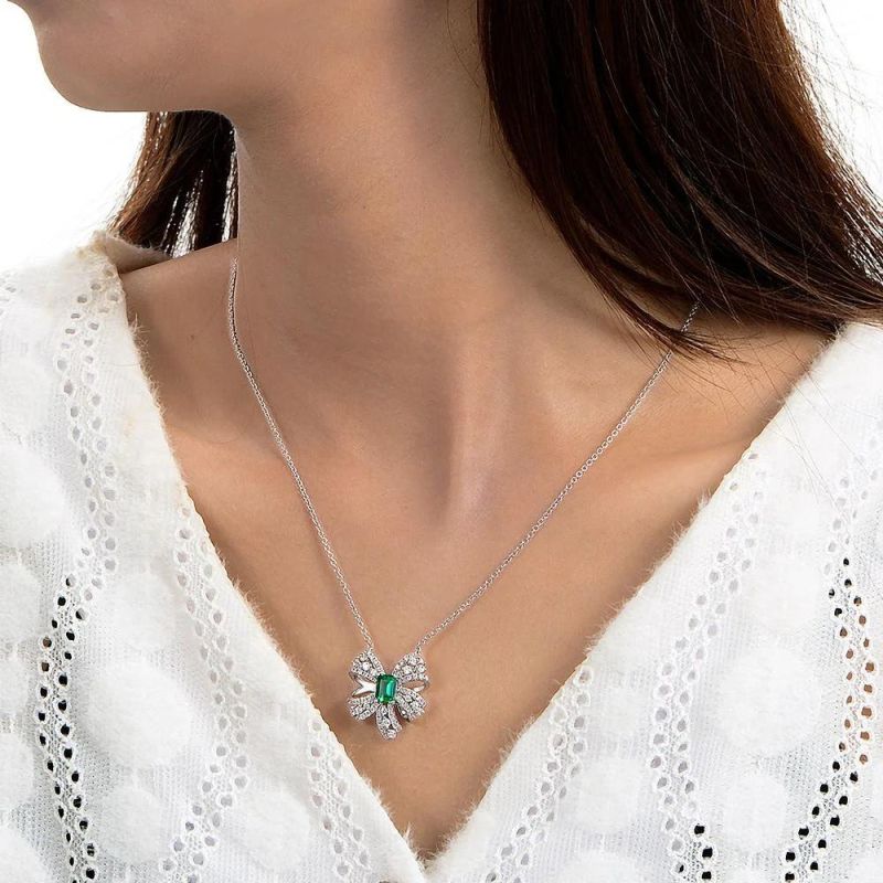 2022 New S925 Sterling Silver European American Luxury Bow Necklace Luxury Cultivated Emerald Necklace