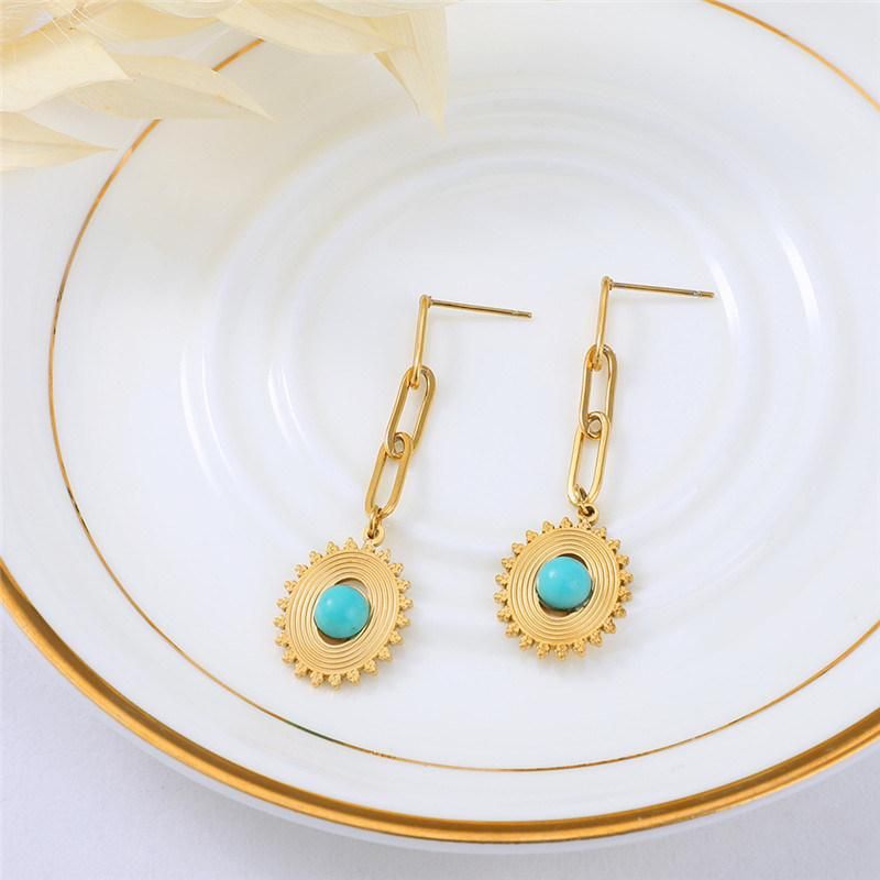 New Arrival Wholesale High Quality Stainless Steel Curb Link Chain with Turquoise Semiprecious Textured Oval Pendant Long Drop Earring