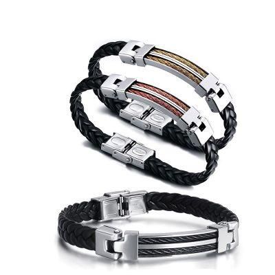 Black Leather Rope Bracelet Woven Titanium Steel Bracelet Men&prime; S Leather Rope Bracelet