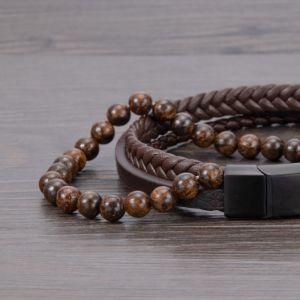 Fashion Stainless Steel Accessory Multi-Layer Stone Weave Leather Men Bracelet