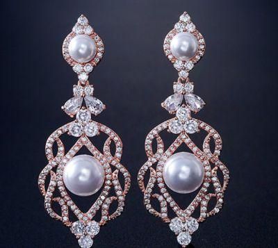 Bridal Pearl CZ Earring Jewelry for Woman, Wedding CZ Earring Jewelry, Rose Gold Earring