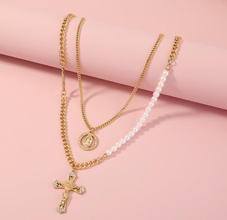 Personality Cross Portrait Pendant Double Cascade Wear Necklace Spliced Pearl Choker