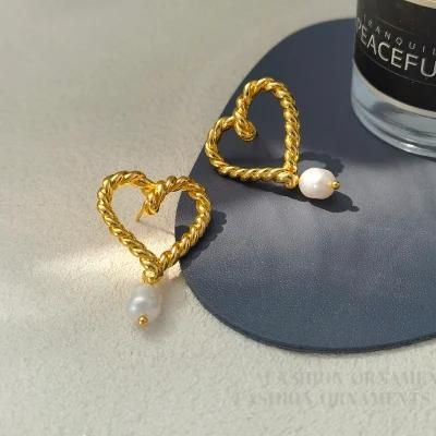 Trendy Luxury 18K Gold Plated Stylish Heart Shape Earrings with Pearl Drop Earring Jewelry