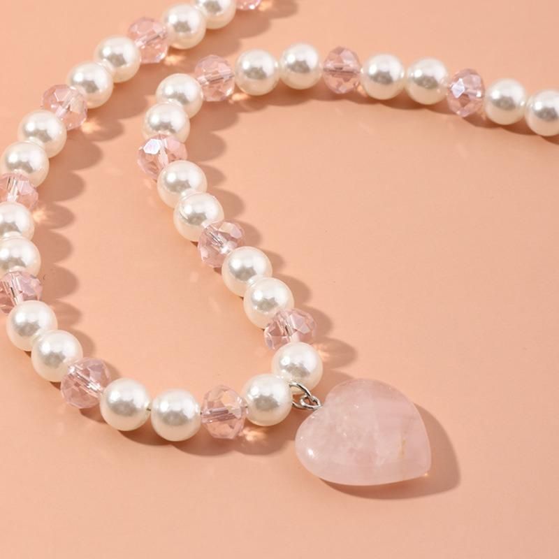 Fashion Jewelry Pearl Crystal Love Pendant Necklace Cute Girl Necklace