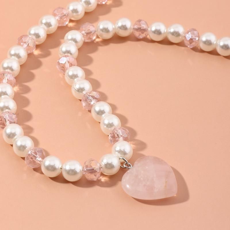 Fashion Jewelry Pearl Crystal Love Pendant Necklace Cute Girl Necklace