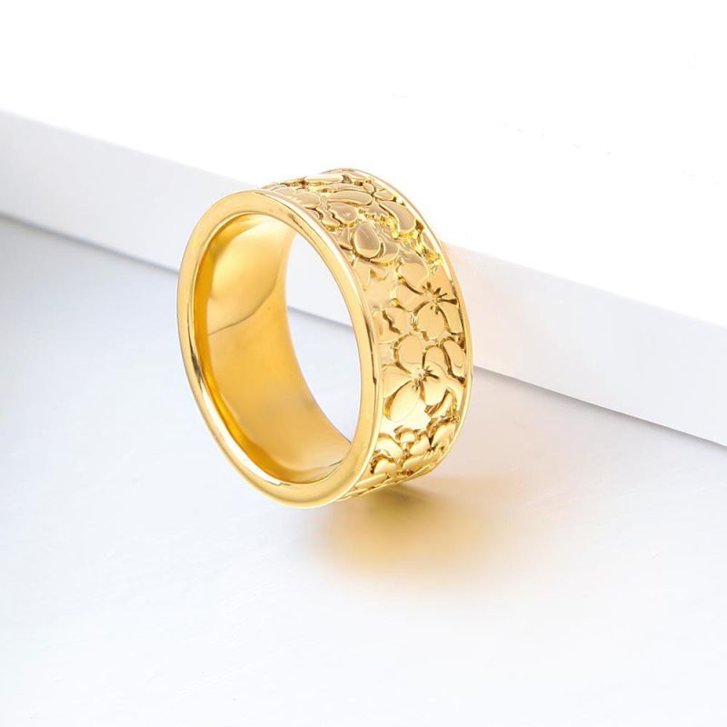 Super Fashion Latest Width Sand Stone Texture Gold Plated Finger Rings Women