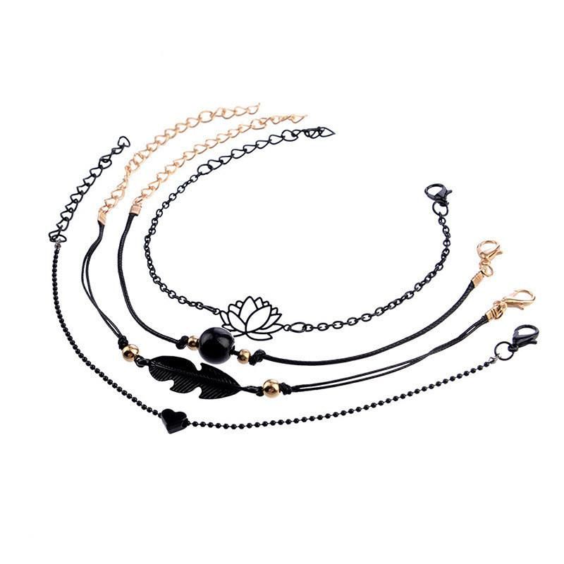 4 Rows Black Thread Cording Multiple Hand Bracelet with Leaf Lotus Heart Charm Bracelet for 2022 Women Fashion Jewelry