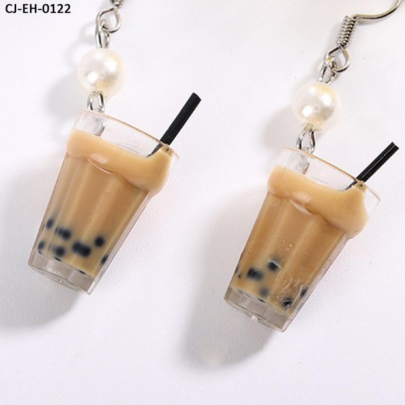 Wholesale Hand - Made Pearl Milk Tea Cup Bottle Girl Earrings Pendant