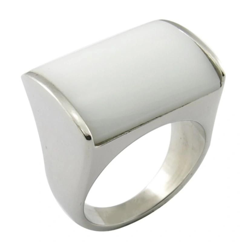 White Ceramic Big Stone Rings Stainless Steel Ring