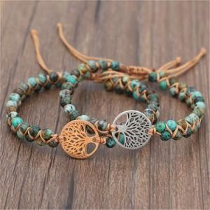 Handmade Wrap String Braided Natural Stone Beads Tree of Life Charm Bracelet