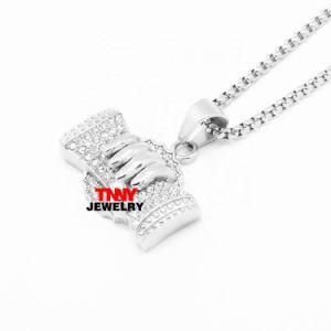 24&quot; Stainless Steel 18K Gold Iced Zircon CZ Dollar Money in Hand Charm Pendant Necklace Mens Hip-Hop Dollar Rock Bling Jewelry