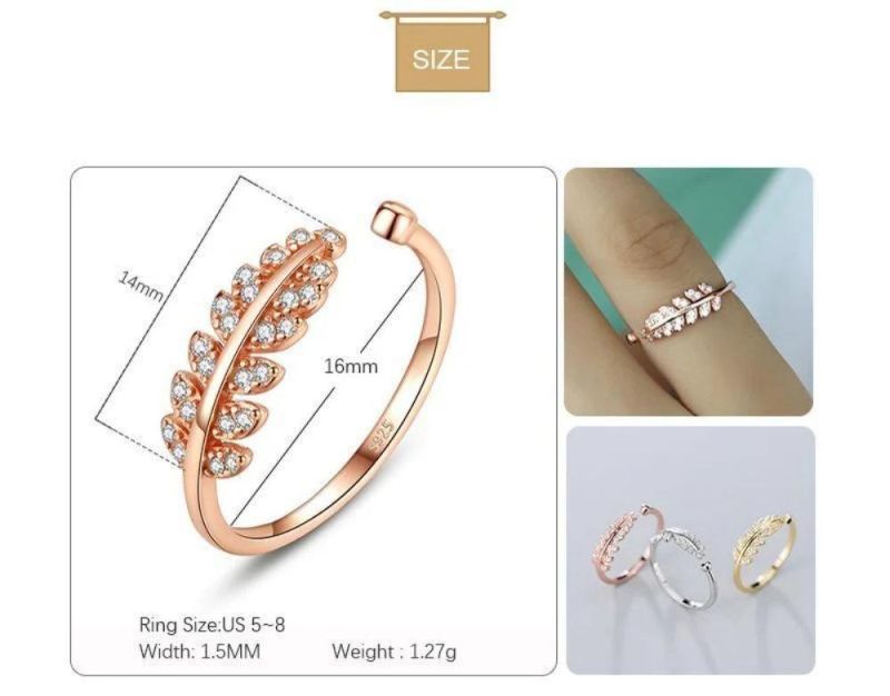 925 Sterling Silver Ring Leaf with Zircon Adjustable Ring Women Men Classic Fashion Jewelry