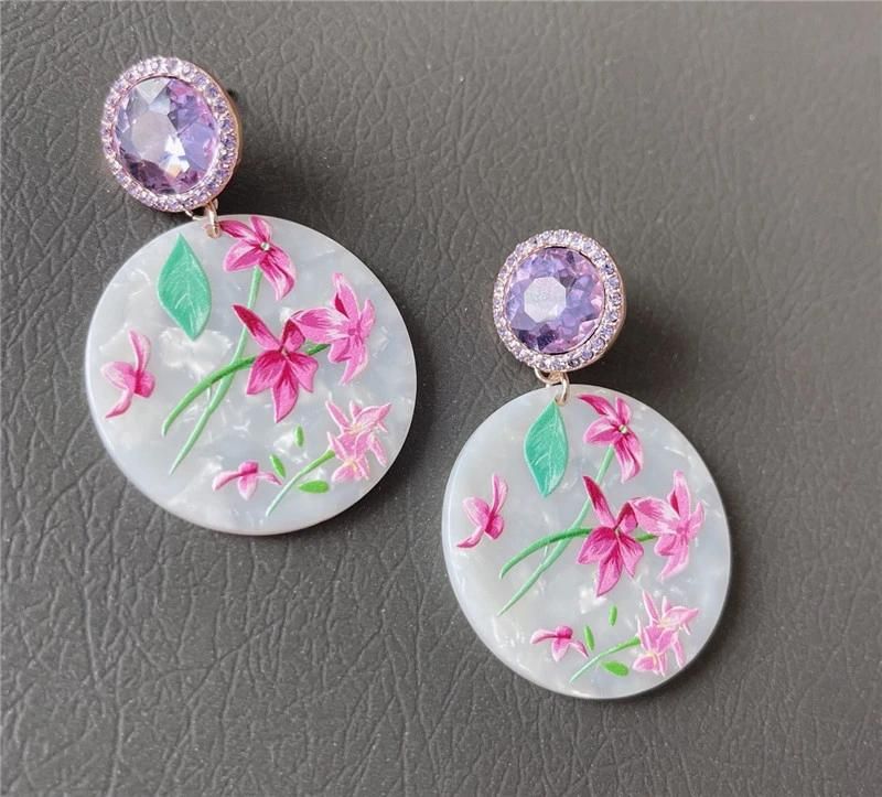 Wholesale Round Violet Pave Stone Fashion Tortoise Perspex Jewelry White Round Resin Acrylic Flower Printing Pendant Stud Earrings