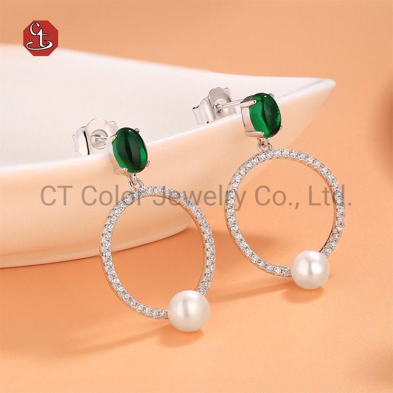 Wholesale Woman Fashion Jewelry with Crystal Natural Round Pearl Silver Earring Silver Jewelry