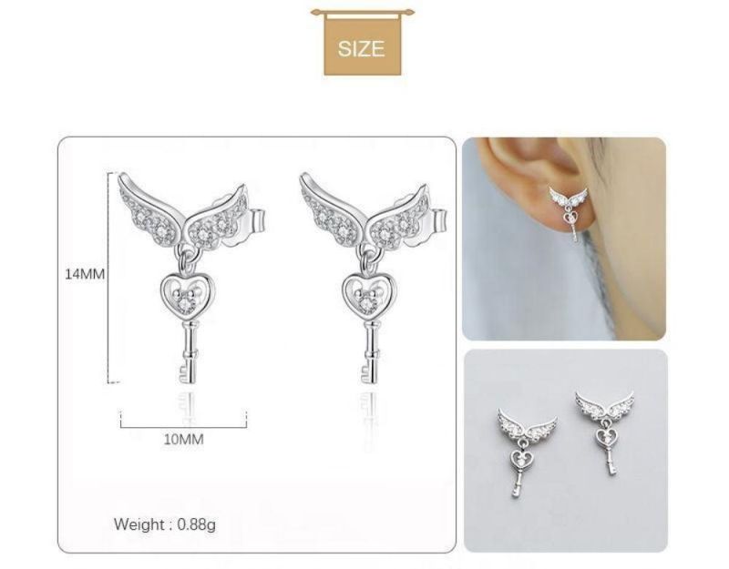 Real 925 Sterling Silver Earring Fashion Angle Wings Key Zircon Stud Earrings for Women Personality Jewelry Gift