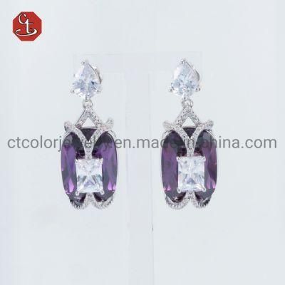 Luxury Amethyst Gemstone CZ Earring Purple Silver or Brass Earrings