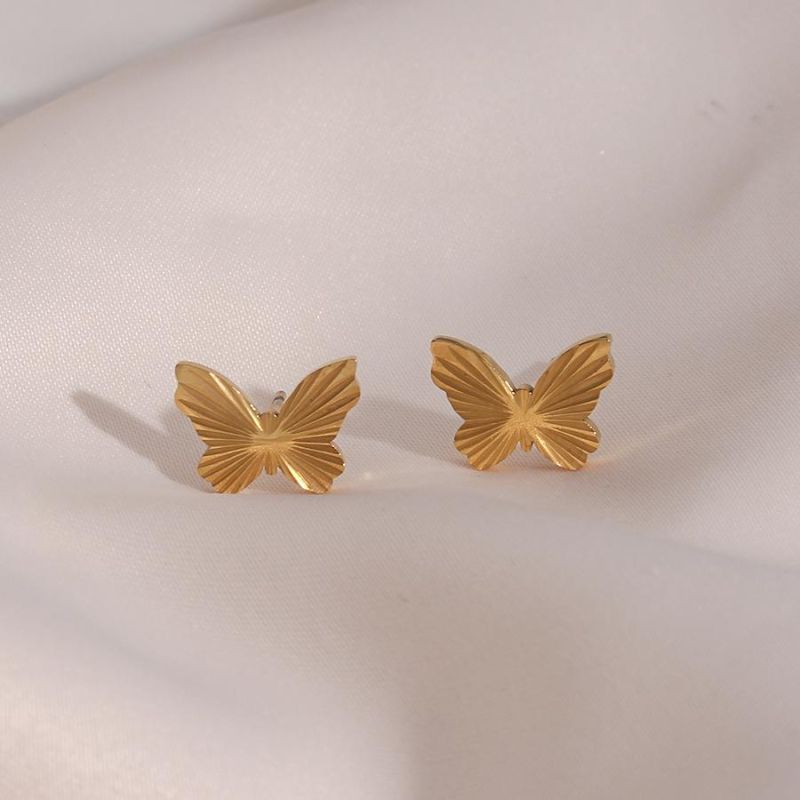 Manufacturer Custom High Quality Fashion Jewelry Waterproof Tarnish Free PVD 18K Gold Stud Earring 316 Stainless Steel Butterfly Earring