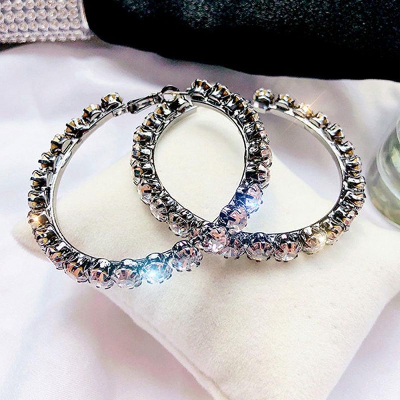 925 Sterling Silver Post 5.5cm Big Circle Shiny CZ Crystal Hoop Earrings Rhinestone Hoop Earrings