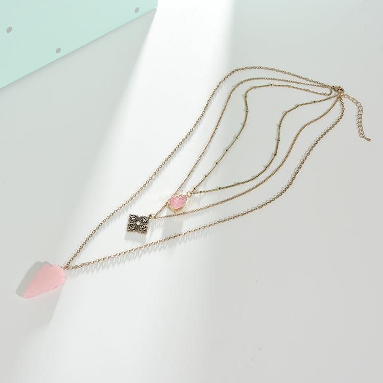 Long Multi-Layer Carved Diamond-Studded Pink Natural Stone Necklace