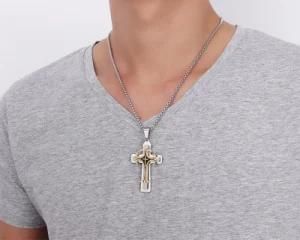 Men&prime;s Stainless Steel Large Fleur-De-Lis Cross 3-Tone Pendant Necklace