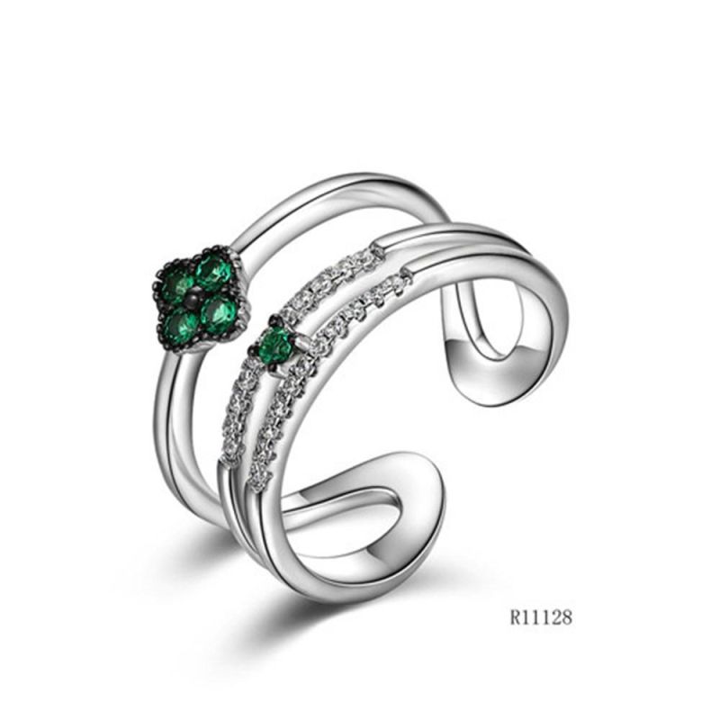 Double-Layer Four-Leaf Clover Silver with CZ Flower Open Ring