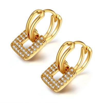 Fashion Luxury Jewelry Full Zircon Copper Plate Gold Square Hoop Earrings