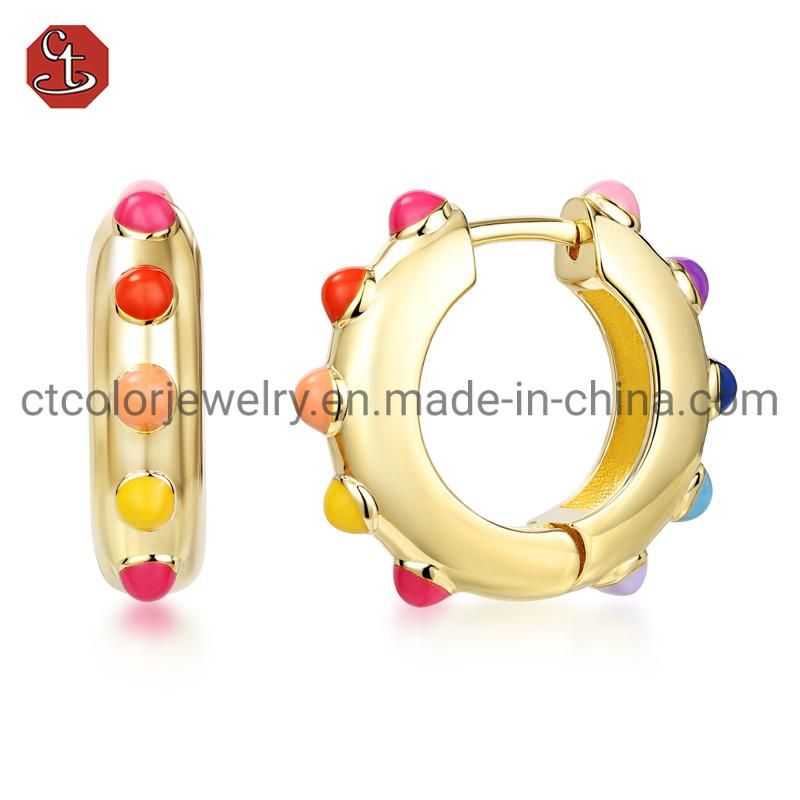 925 Silver 18K Gold Elegant Circle Huggie Hoop Earrings Enamel Earring