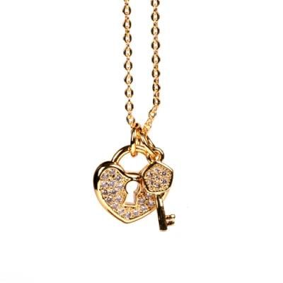 Simple Fashion Lock Padlock Heart Key Crystal Lock Pendant Necklace for Women