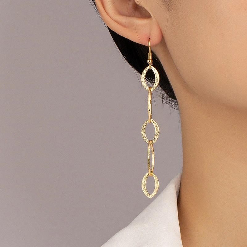 Fashion Jewelry New Simple Sandblast Oval Shape Link Long Drop Women Fishhook Earrings in 18K Gold Plated Accessories